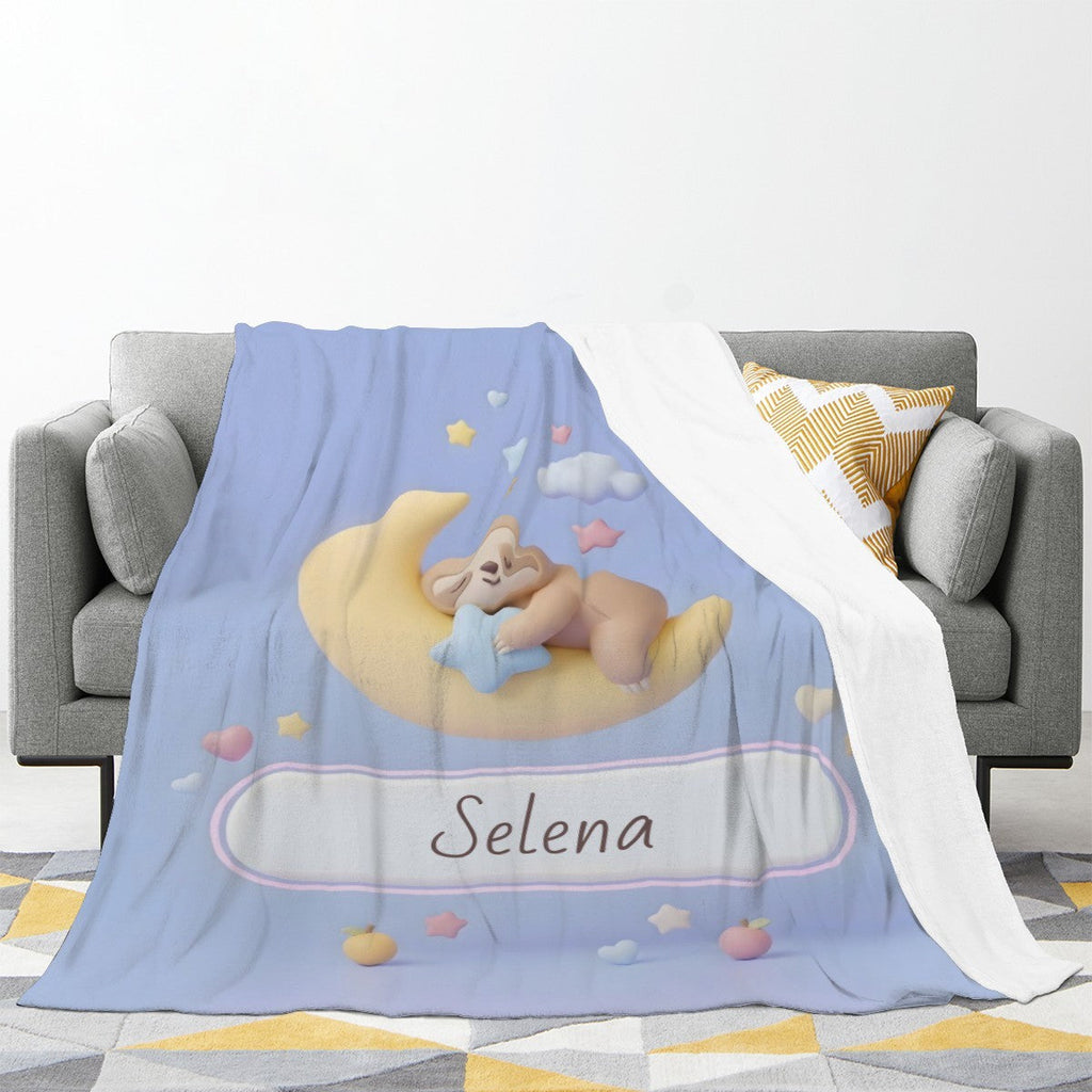 Personalized Sleeping Sloth Blanket | Custom Name | Crescent Moon Kawaii Flannel Throw Gift