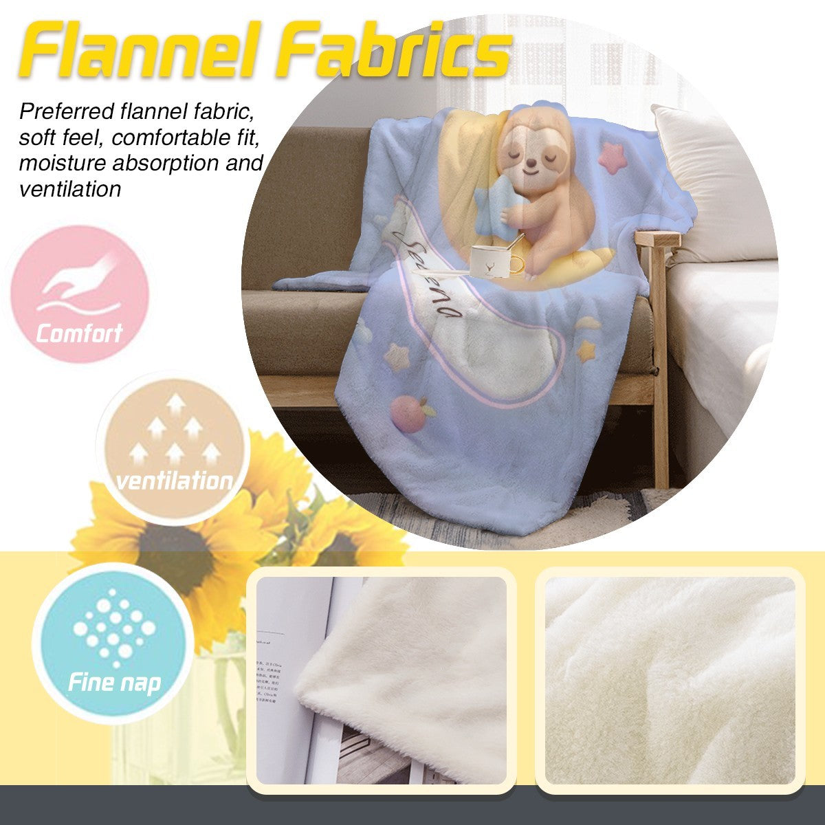 Personalized Sleeping Sloth Blanket | Custom Name | Crescent Moon Kawaii Flannel Throw Gift
