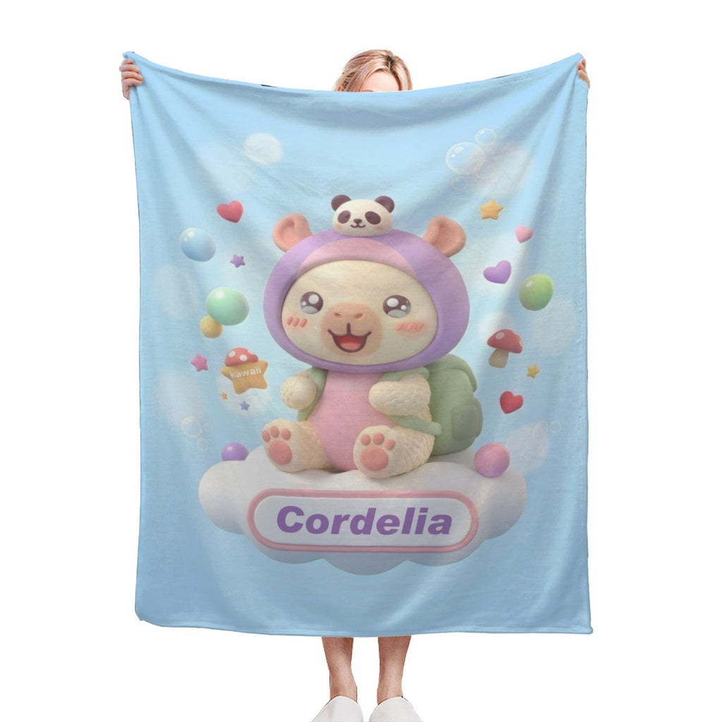 Personalized Kawaii Fantasy Creature Blanket | Custom Name | Purple Hood