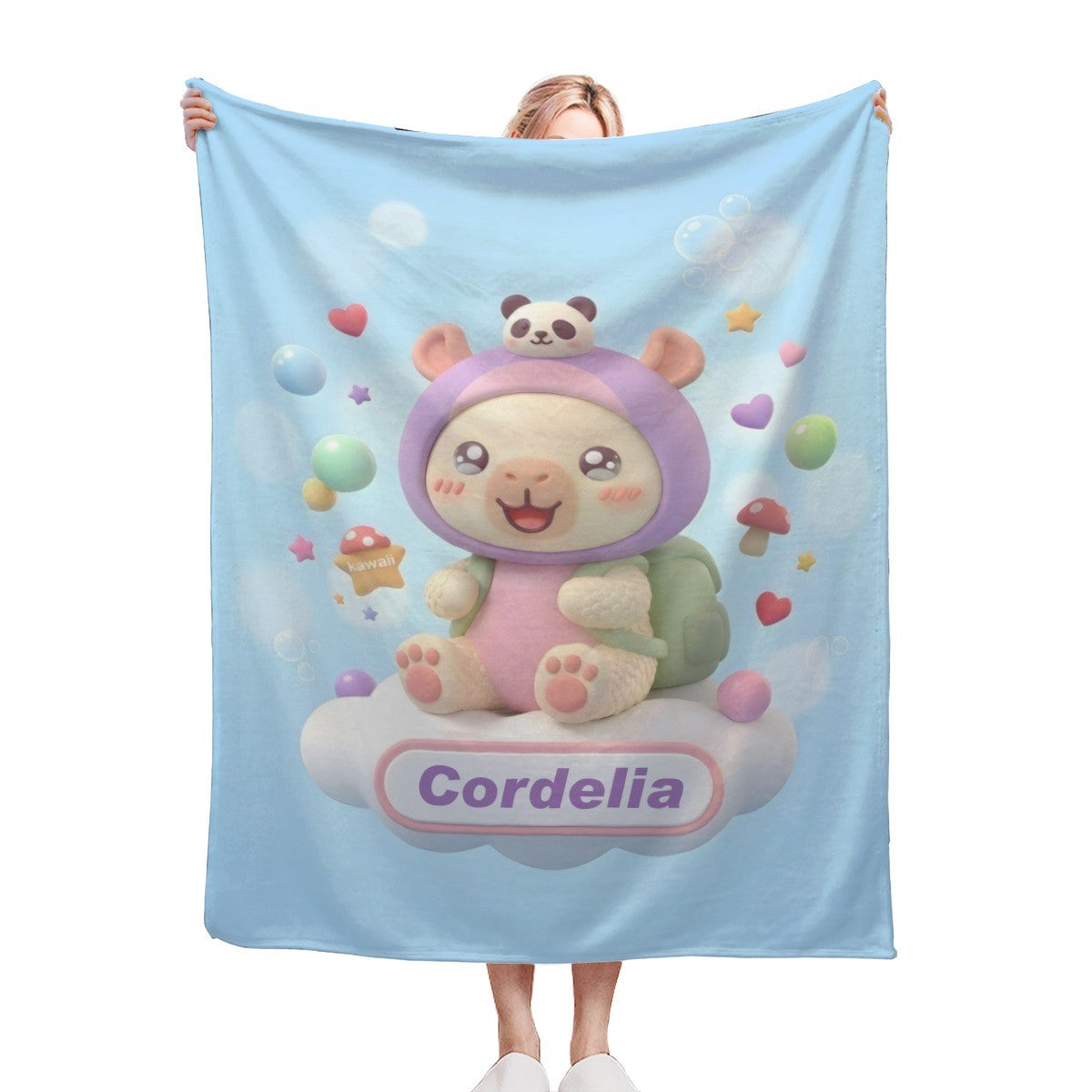 Personalized Kawaii Fantasy Creature Blanket | Custom Name | Purple Hood