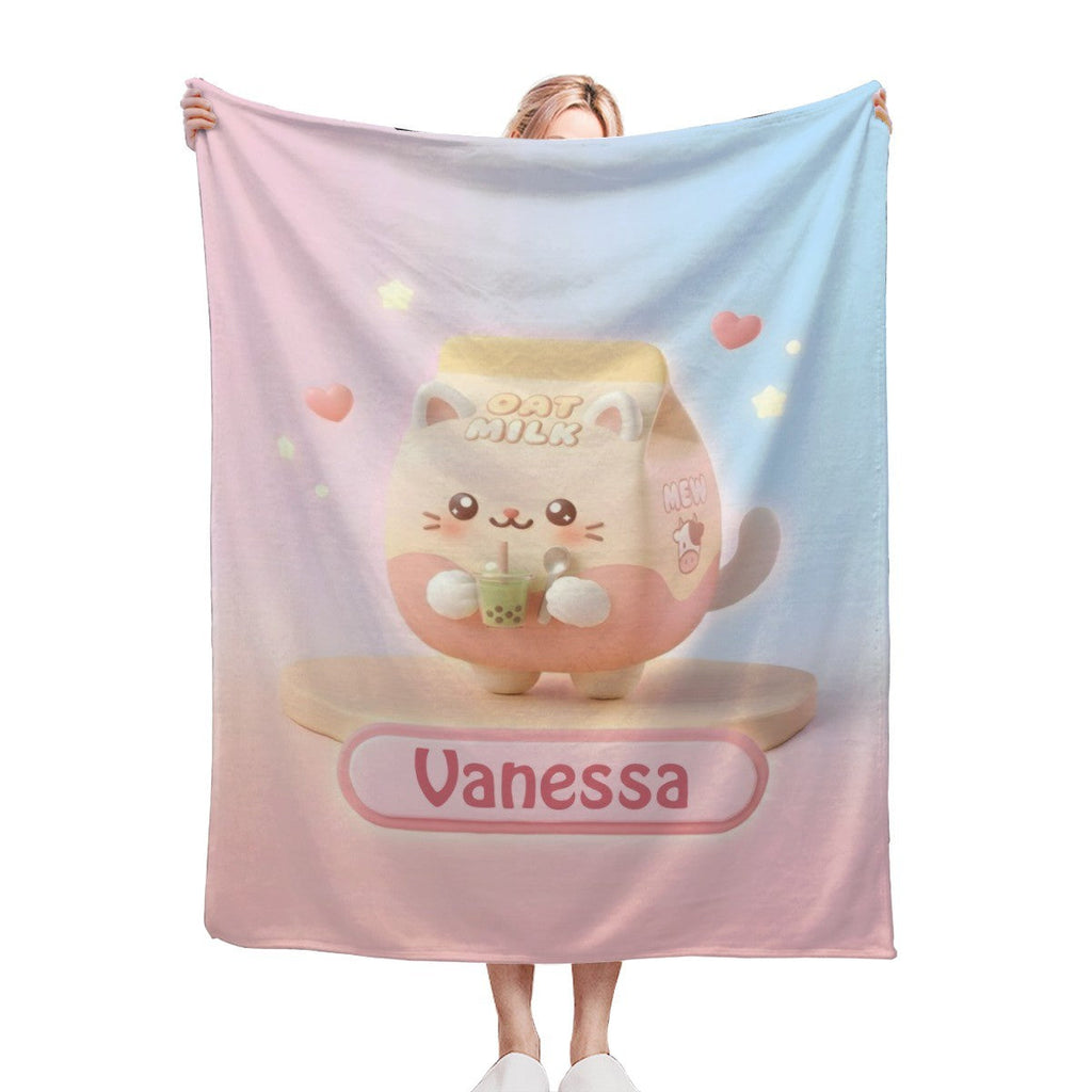Personalized Kawaii Oat Milk Cat Blanket | Custom Name | Matcha Boba Cat