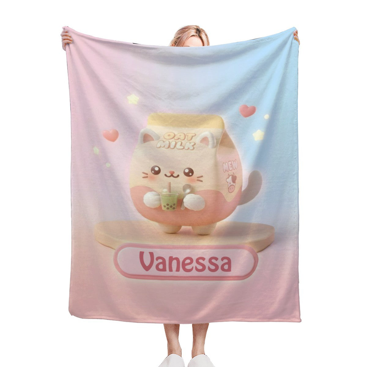 Personalized Kawaii Oat Milk Cat Blanket | Custom Name | Matcha Boba Cat
