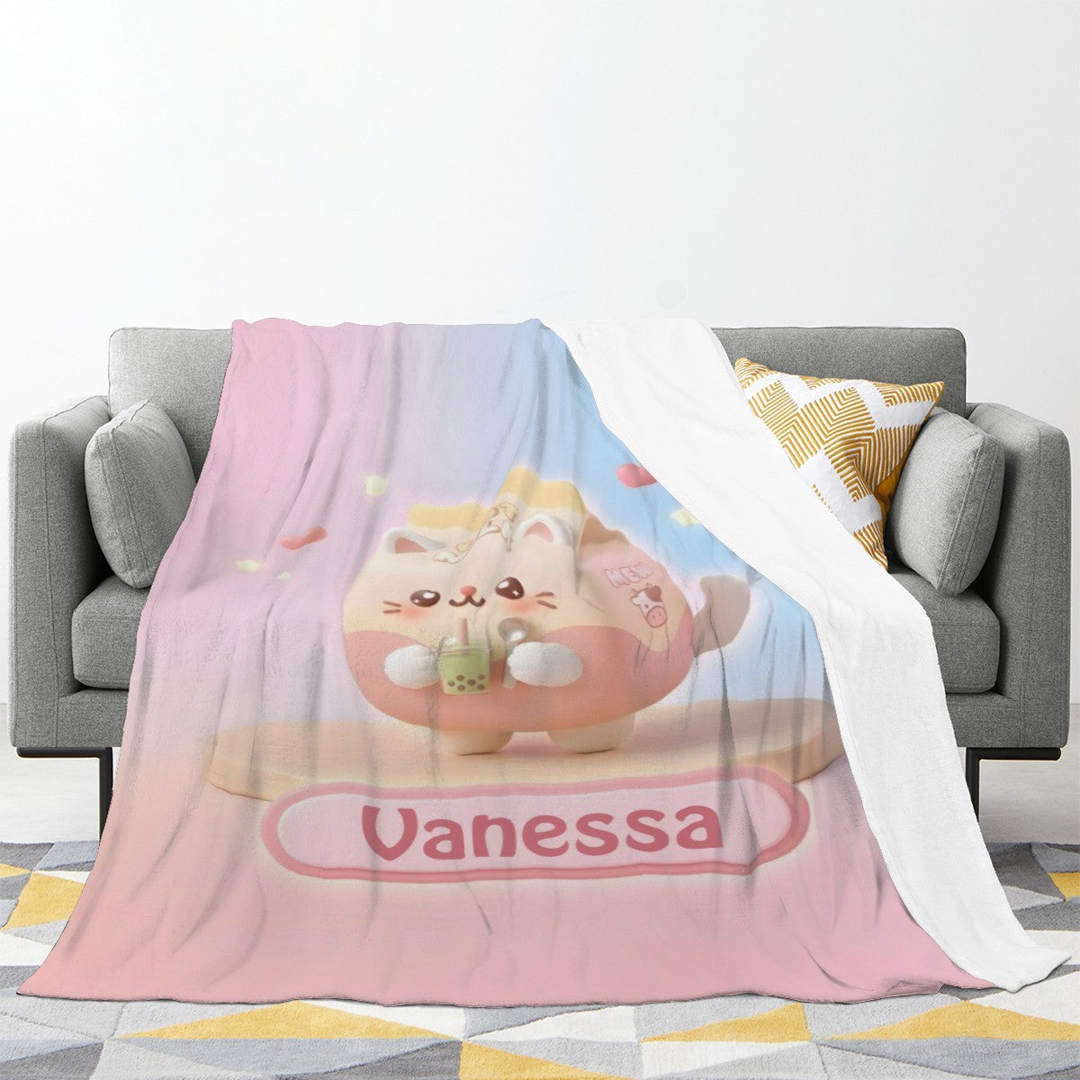 Personalized Kawaii Oat Milk Cat Blanket | Custom Name | Matcha Boba Cat