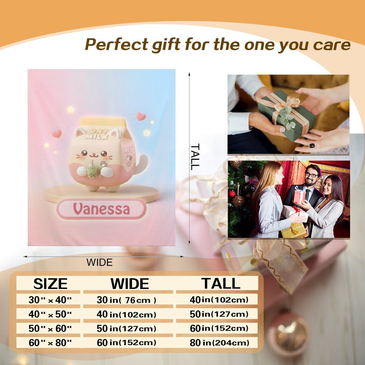 Personalized Kawaii Oat Milk Cat Blanket | Custom Name | Matcha Boba Cat