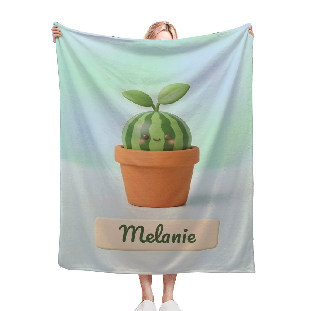 Personalized Kawaii Watermelon Blanket | Custom Name | Cute Potted Fruit Mint Blue Fleece Throw Gift