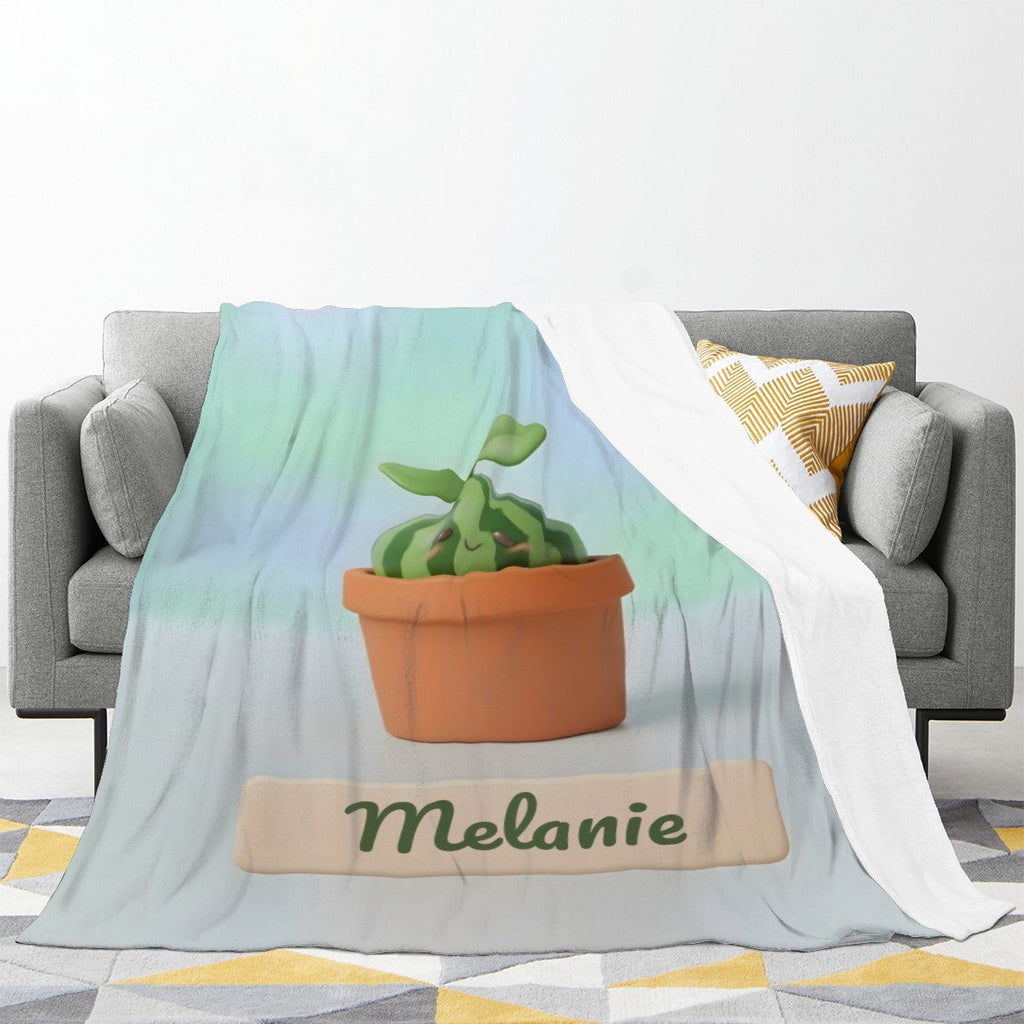 Personalized Kawaii Watermelon Blanket | Custom Name | Cute Potted Fruit Mint Blue Fleece Throw Gift