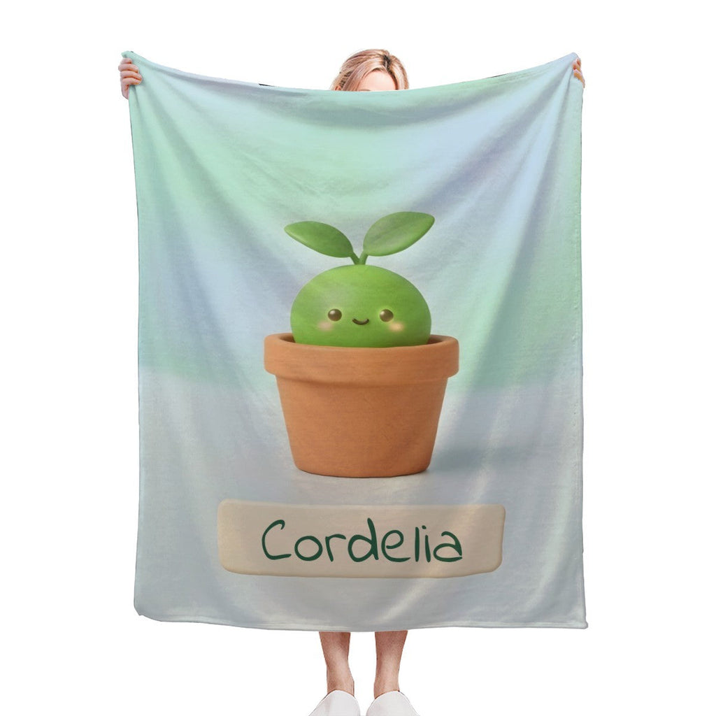 Personalized Kawaii Plant Blanket | Custom Name | Cute Succulent Pot Mint Blue Fleece Throw Gift