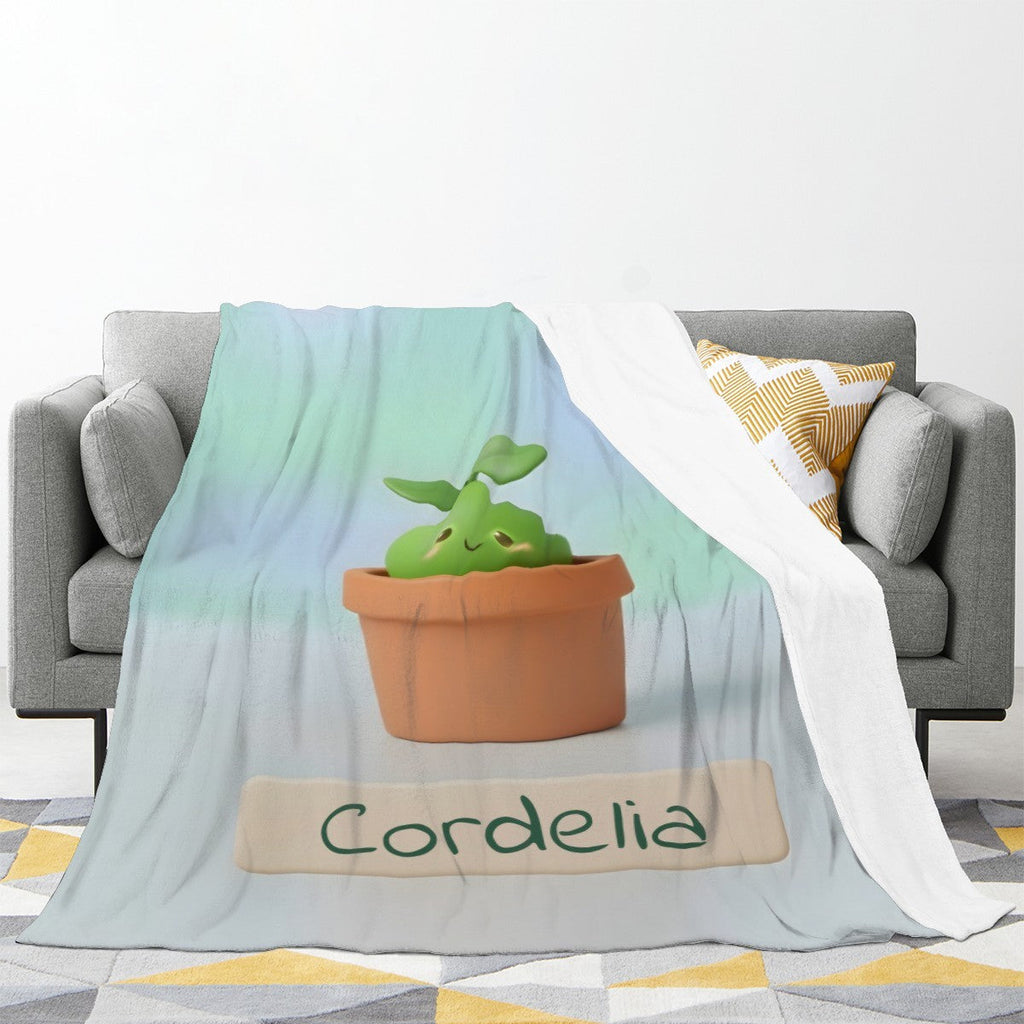 Personalized Kawaii Plant Blanket | Custom Name | Cute Succulent Pot Mint Blue Fleece Throw Gift