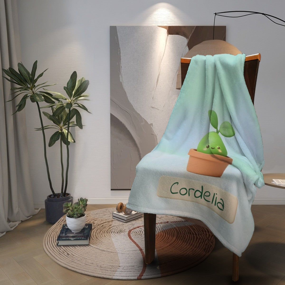 Personalized Kawaii Plant Blanket | Custom Name | Cute Succulent Pot Mint Blue Fleece Throw Gift