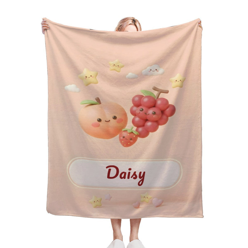 Personalized Kawaii Fruit Blanket | Custom Name Gift Kawaii Throw | Peach, Grapes, Strawberry