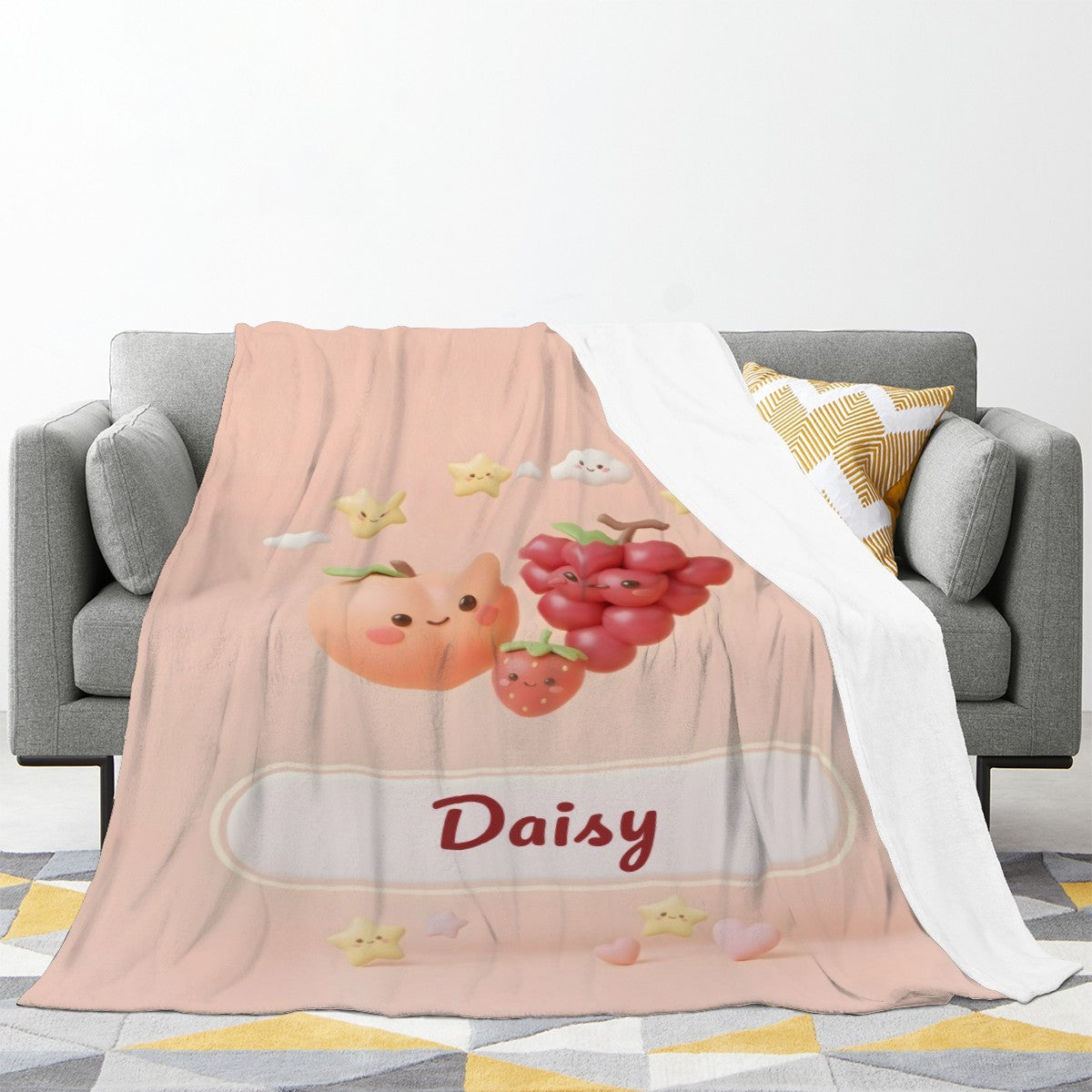 Personalized Kawaii Fruit Blanket | Custom Name Gift Kawaii Throw | Peach, Grapes, Strawberry
