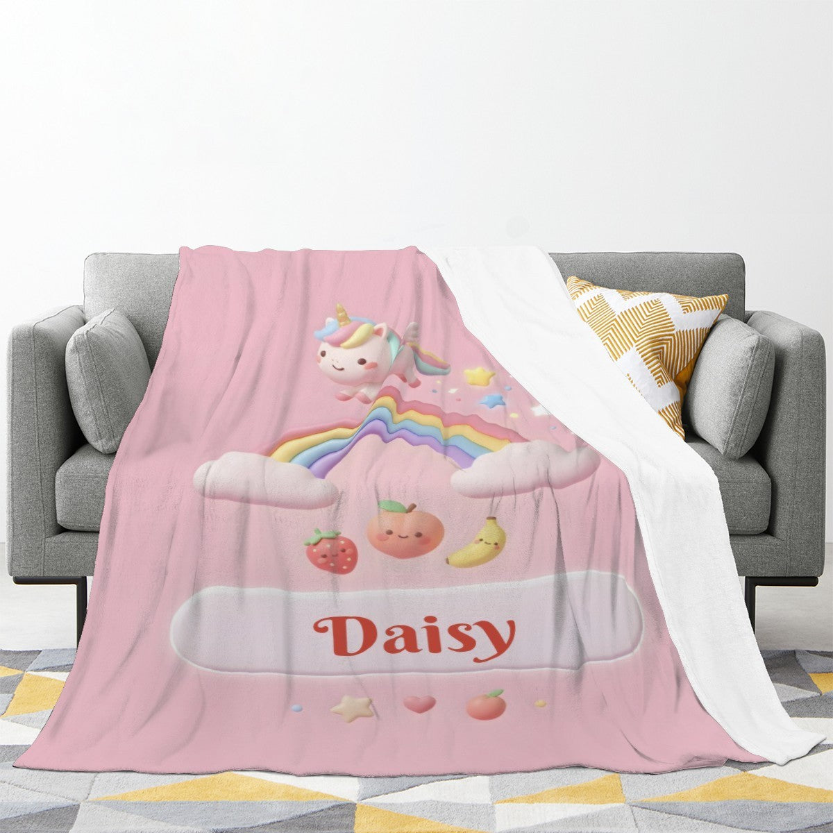 Personalized Unicorn Blanket | Custom Name | Pastel Rainbow Pink Fleece Throw Gift