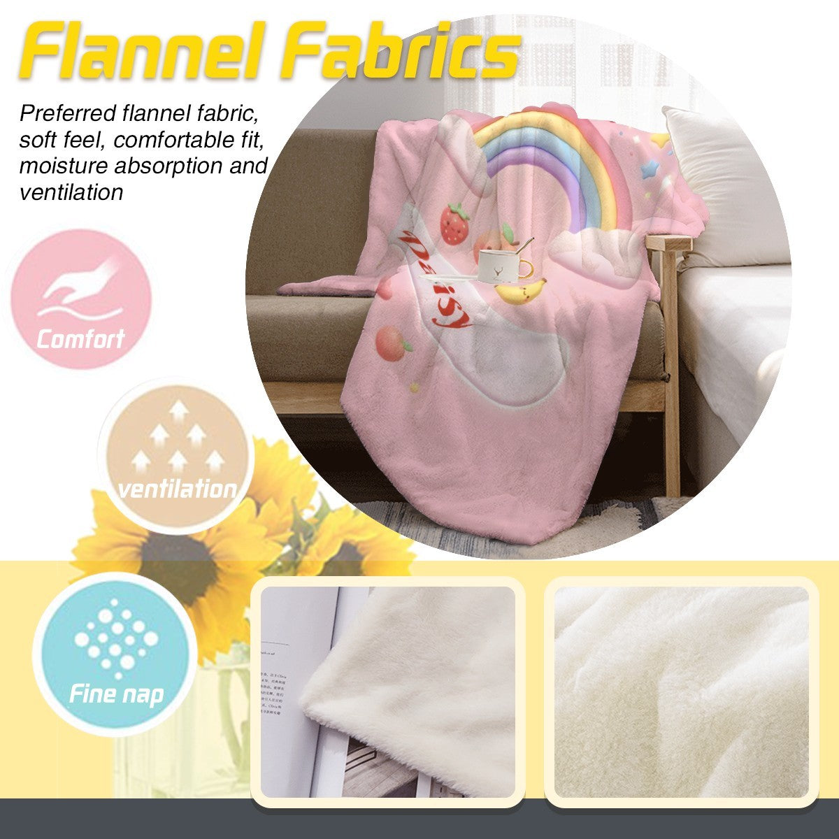Personalized Unicorn Blanket | Custom Name | Pastel Rainbow Pink Fleece Throw Gift