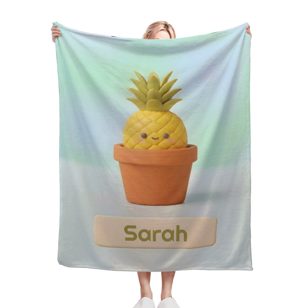 Personalized Kawaii Pineapple Blanket | Custom Name | Cute Potted Fruit Mint Blue Fleece Throw Gift