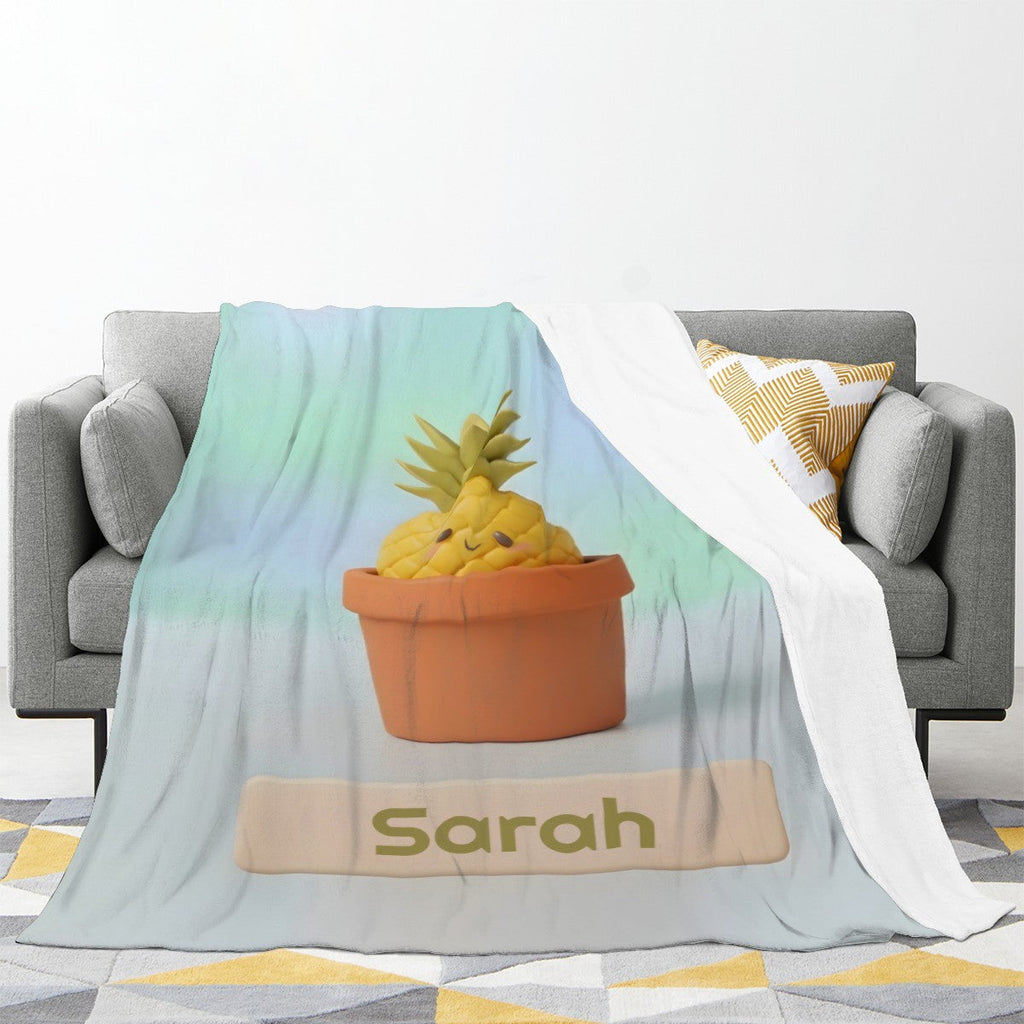 Personalized Kawaii Pineapple Blanket | Custom Name | Cute Potted Fruit Mint Blue Fleece Throw Gift