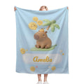 Personalized Kawaii Capybara Blanket | Custom Name | Palm Tree Blue Tropical Fleece Throw Gift