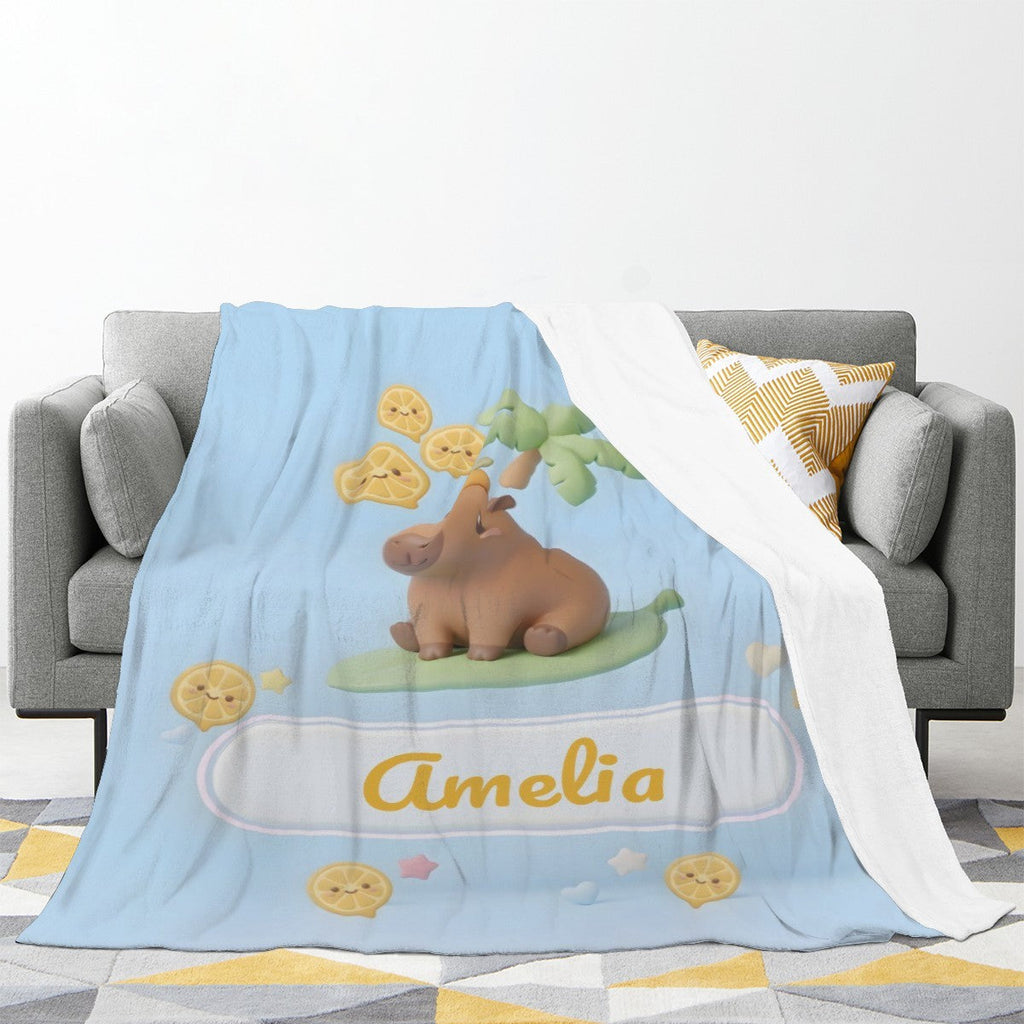 Personalized Kawaii Capybara Blanket | Custom Name | Palm Tree Blue Tropical Fleece Throw Gift