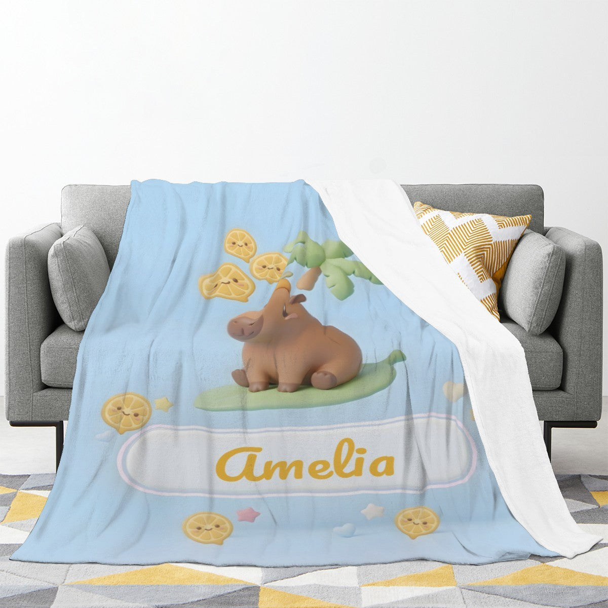Personalized Kawaii Capybara Blanket | Custom Name | Palm Tree Blue Tropical Fleece Throw Gift