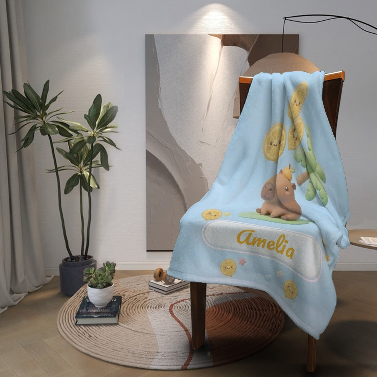 Personalized Kawaii Capybara Blanket | Custom Name | Palm Tree Blue Tropical Fleece Throw Gift