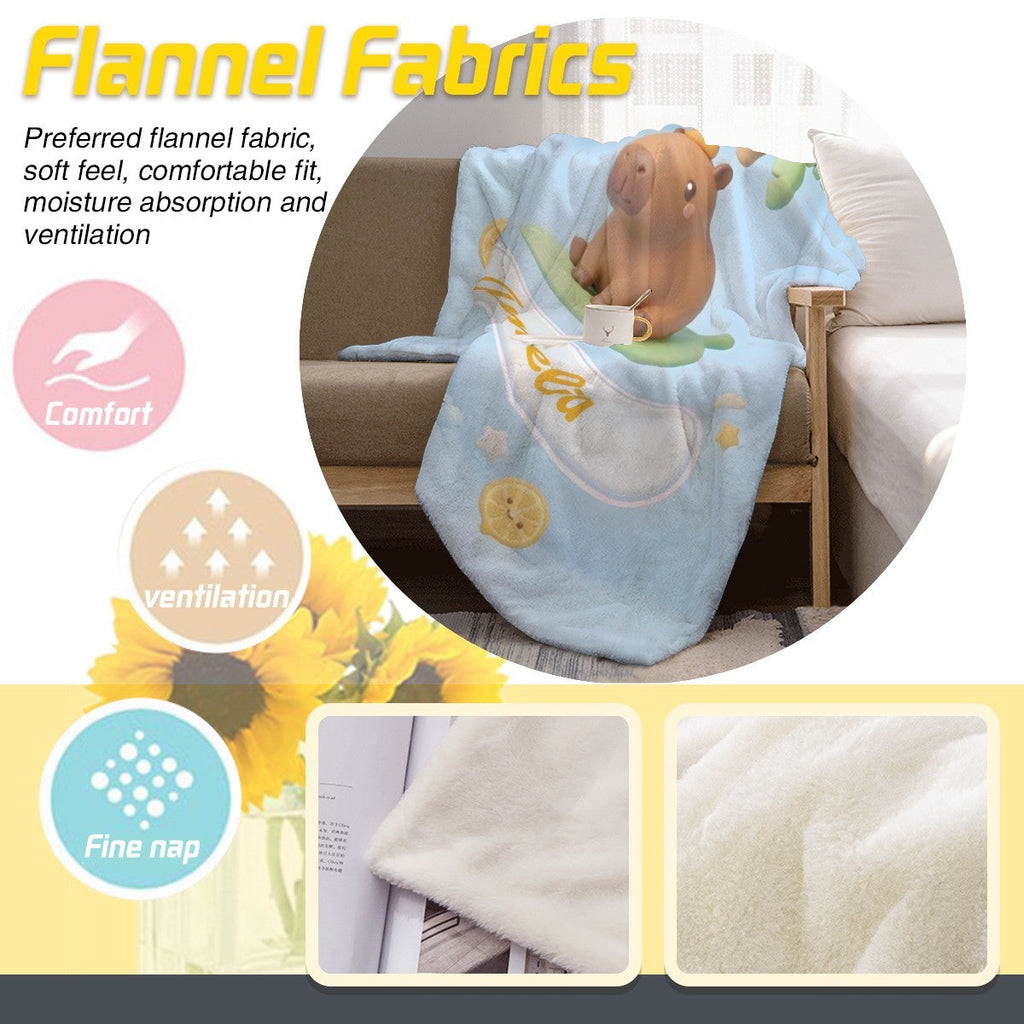 Personalized Kawaii Capybara Blanket | Custom Name | Palm Tree Blue Tropical Fleece Throw Gift
