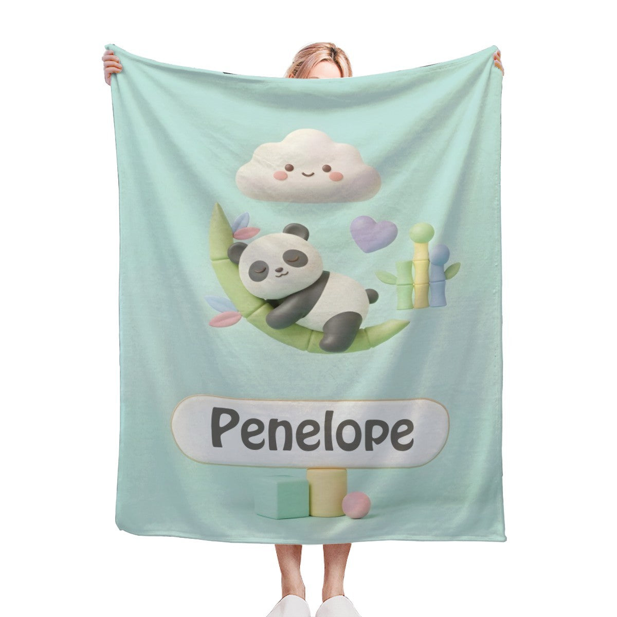 Personalized Kawaii Panda Blanket | Custom Name | Sleepy Panda Pastel Cloud Mint Blue Fleece Throw Gift
