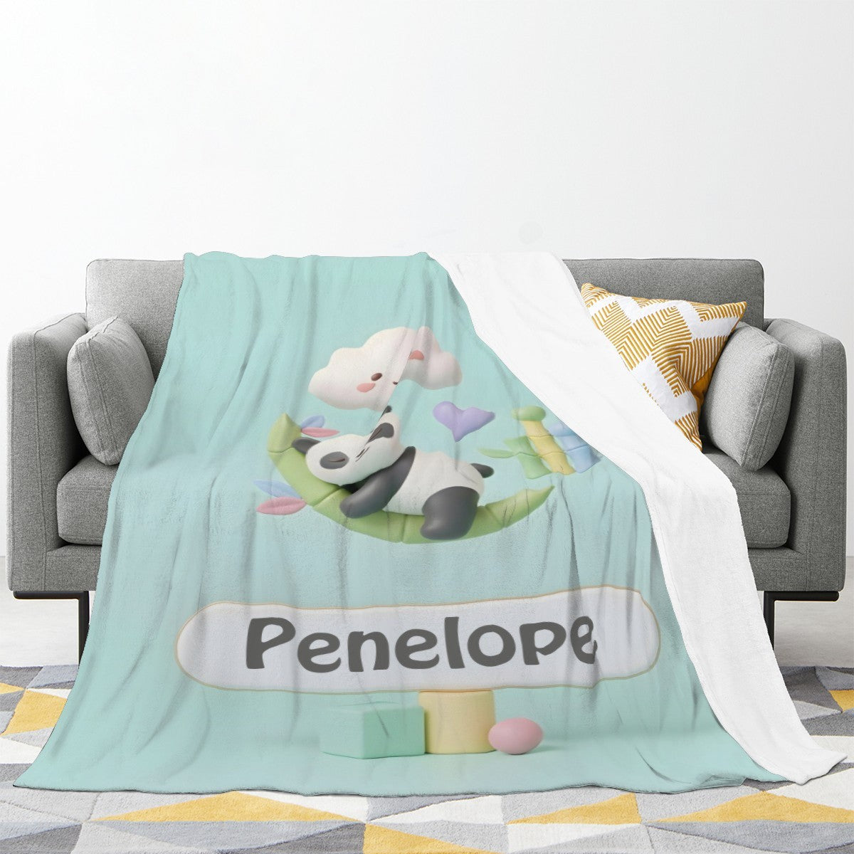 Personalized Kawaii Panda Blanket | Custom Name | Sleepy Panda Pastel Cloud Mint Blue Fleece Throw Gift