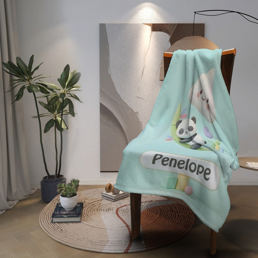 Personalized Kawaii Panda Blanket | Custom Name | Sleepy Panda Pastel Cloud Mint Blue Fleece Throw Gift