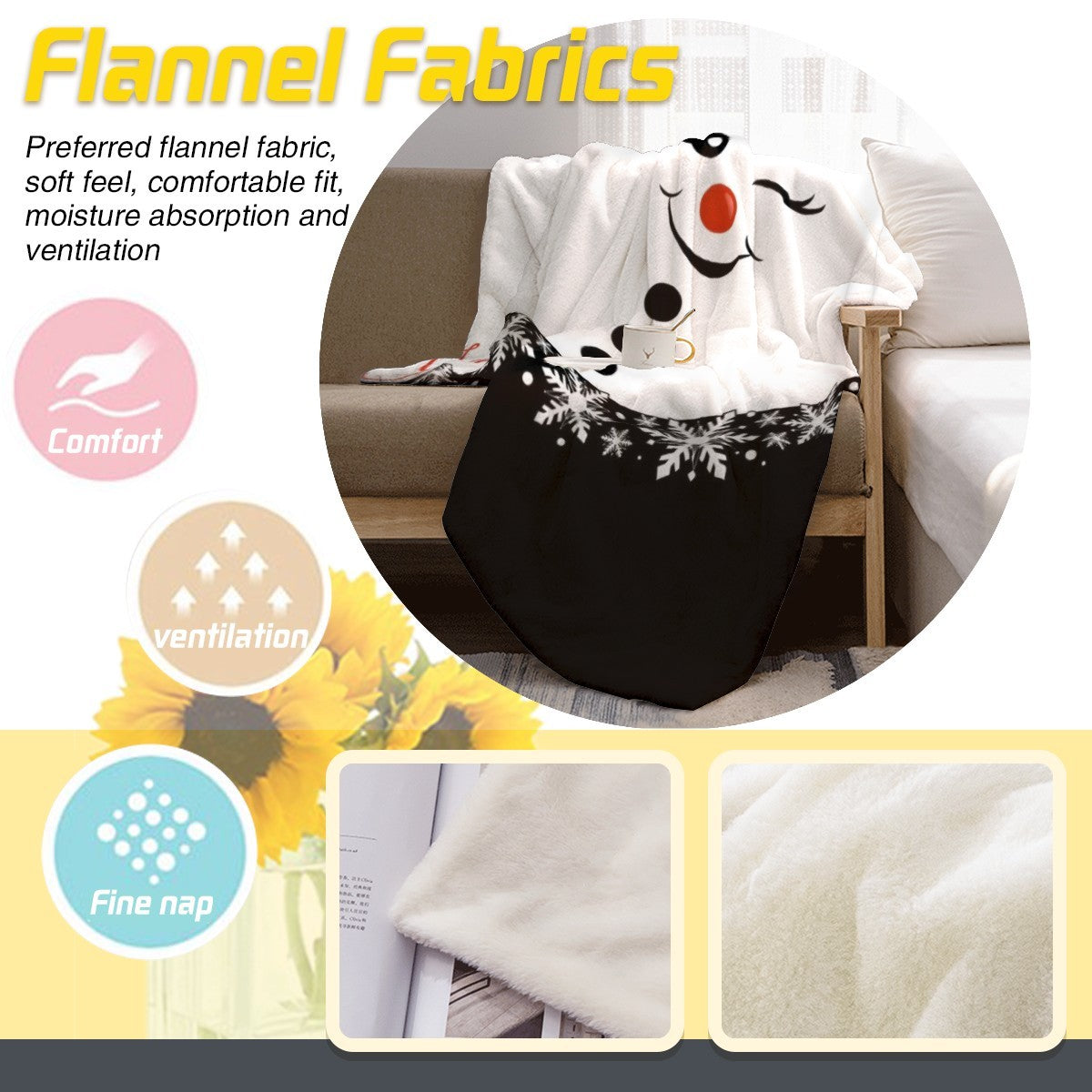 Personalized Snowman Christmas Blanket with Name - Bold Black & White Snowflake Design with Winking Snowman Face