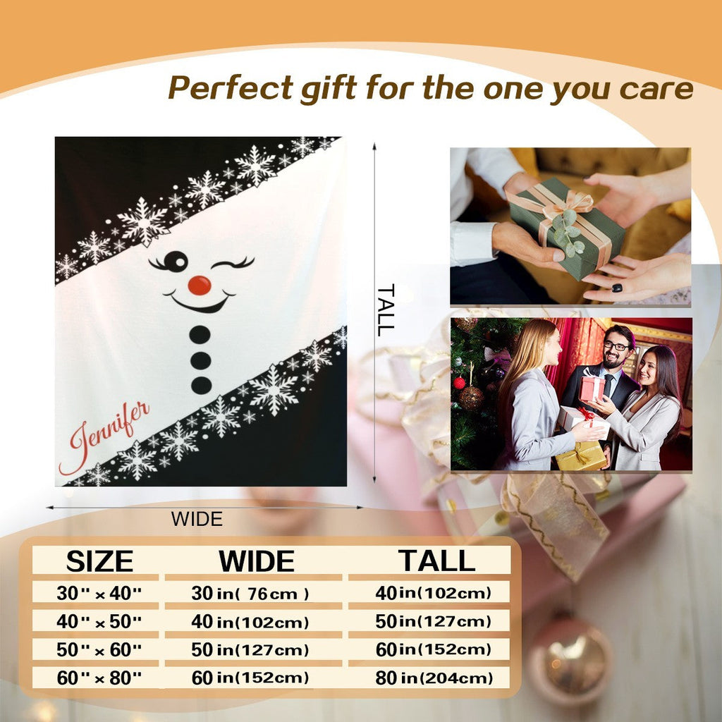Personalized Snowman Christmas Blanket with Name - Bold Black & White Snowflake Design with Winking Snowman Face