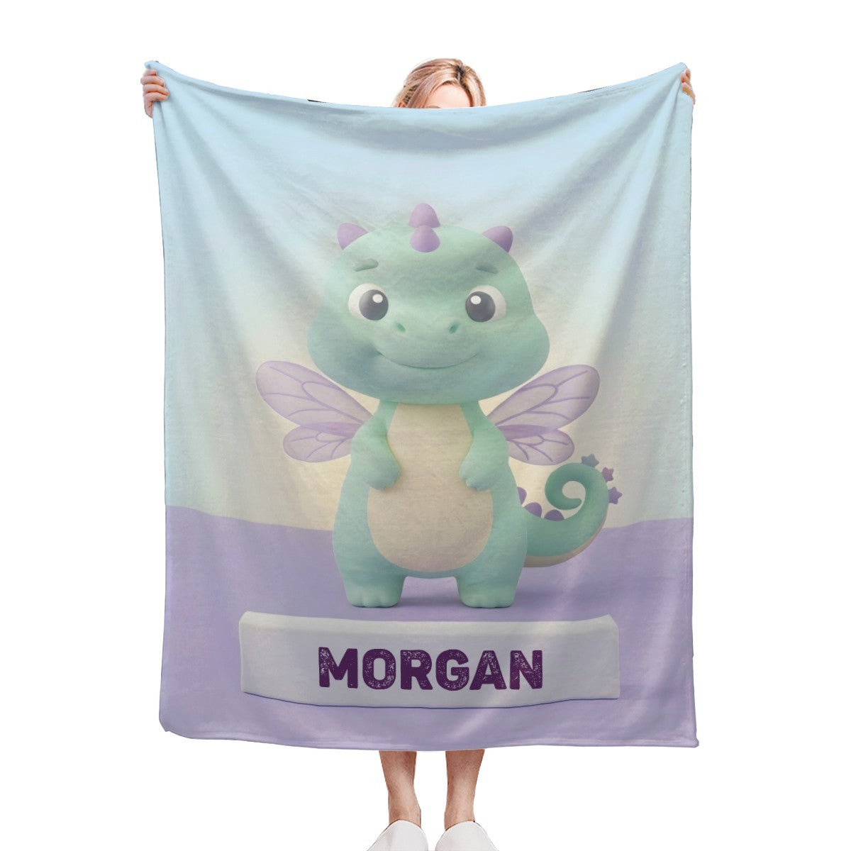 Personalized Kawaii Fairy Dragon Blanket | Custom Name | Mint Green Dragon Throw