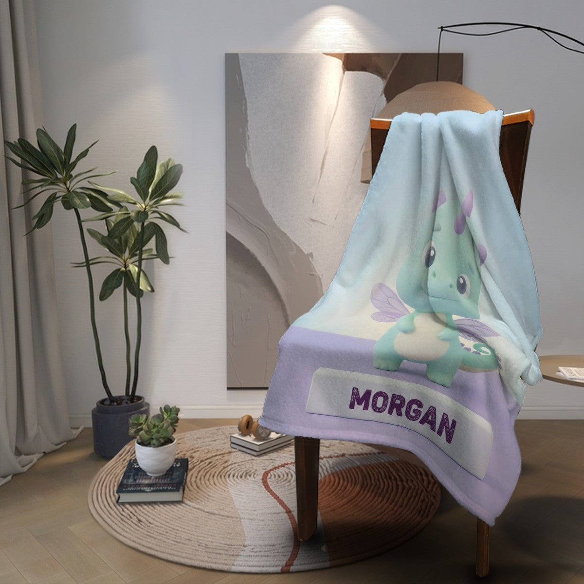 Personalized Kawaii Fairy Dragon Blanket | Custom Name | Mint Green Dragon Throw