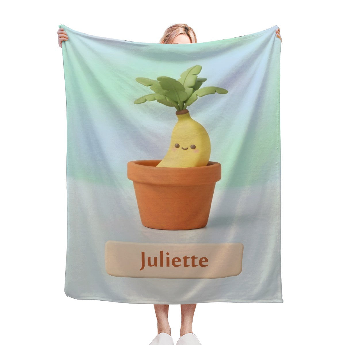 Personalized Kawaii Banana Blanket | Custom Name | Cute Potted Fruit Mint Blue Fleece Throw Gift
