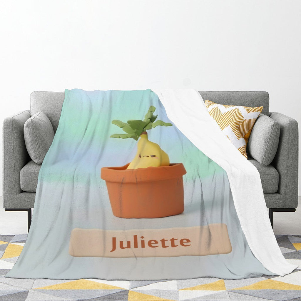 Personalized Kawaii Banana Blanket | Custom Name | Cute Potted Fruit Mint Blue Fleece Throw Gift