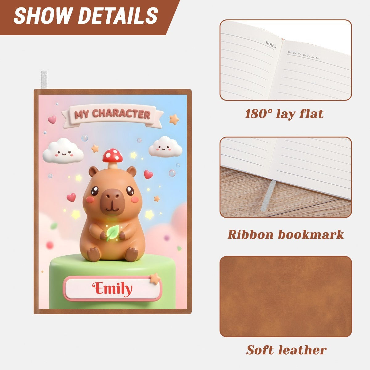 Personalized Capybara Notebook | Custom Name | Cute Kawaii Mushroom Capybara A5 Journal