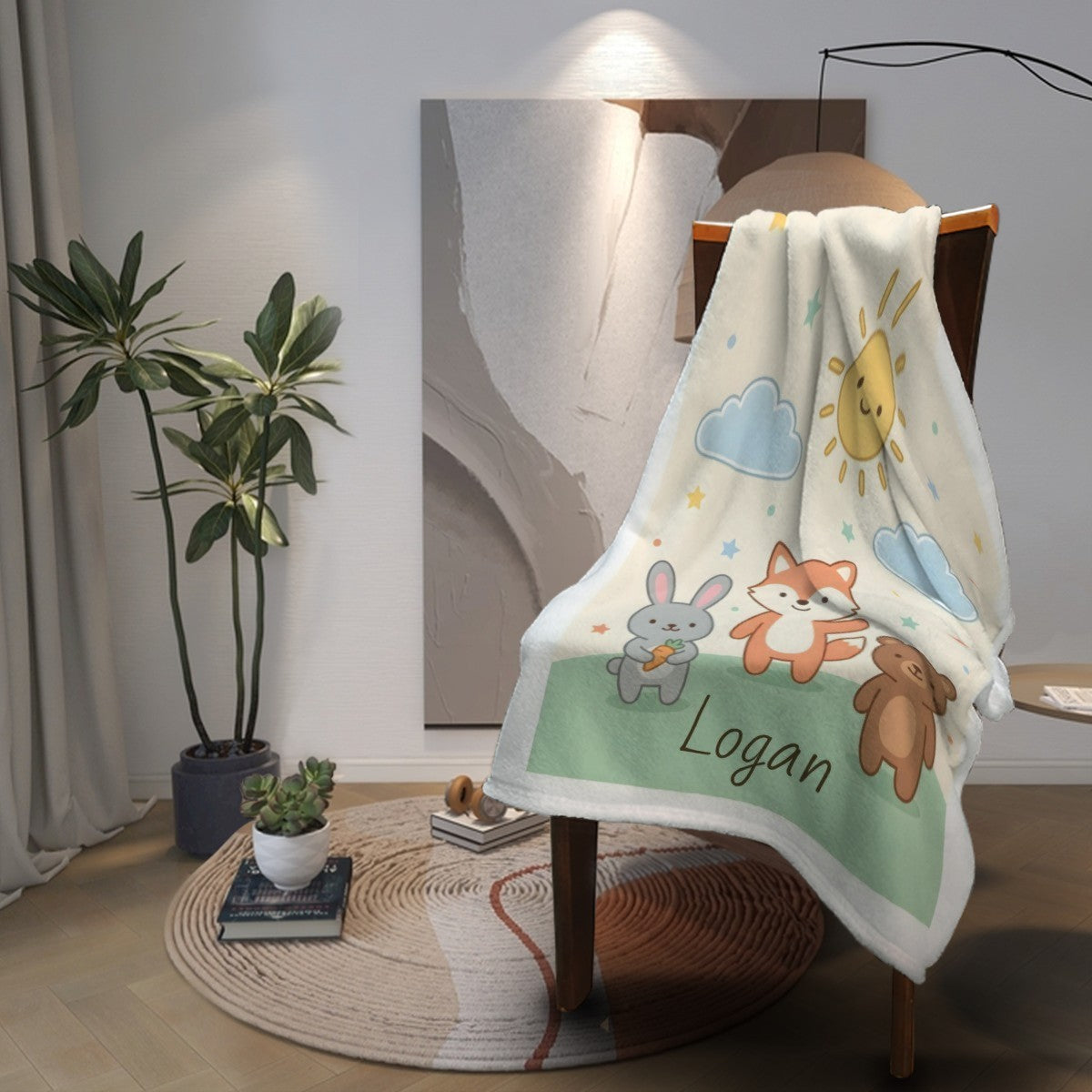 Personalized Woodland Animal Blanket | Custom Name | Bunny Fox Bear Sun Meadow Fleece Throw Gift