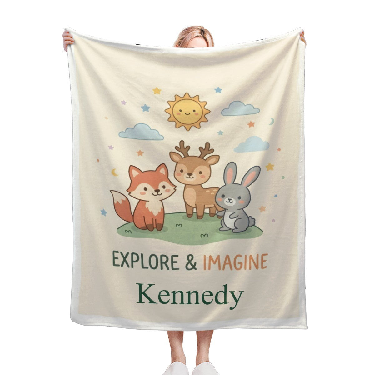 Personalized Woodland Friends Blanket | Custom Name | Fox Deer Bunny Explore Imagine Gift
