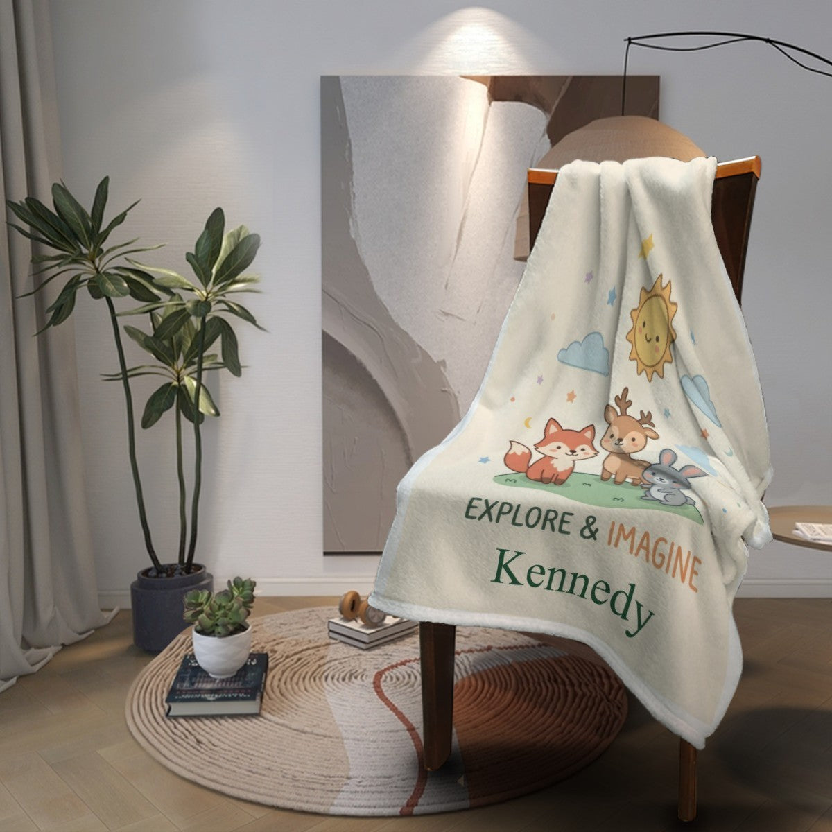 Personalized Woodland Friends Blanket | Custom Name | Fox Deer Bunny Explore Imagine Gift