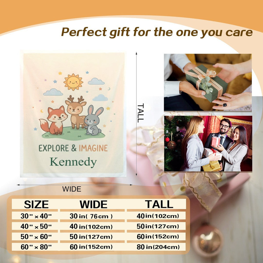 Personalized Woodland Friends Blanket | Custom Name | Fox Deer Bunny Explore Imagine Gift