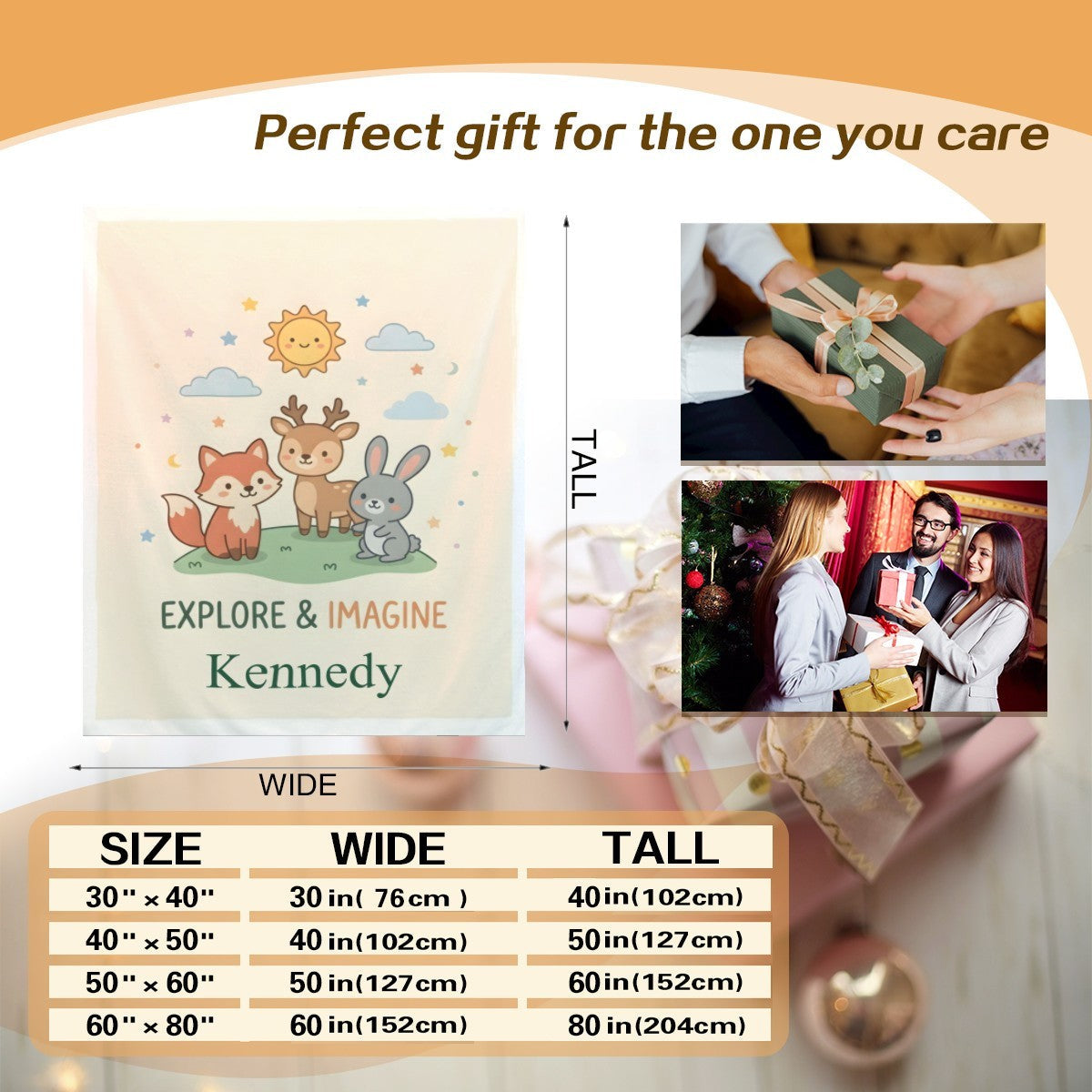 Personalized Woodland Friends Blanket | Custom Name | Fox Deer Bunny Explore Imagine Gift