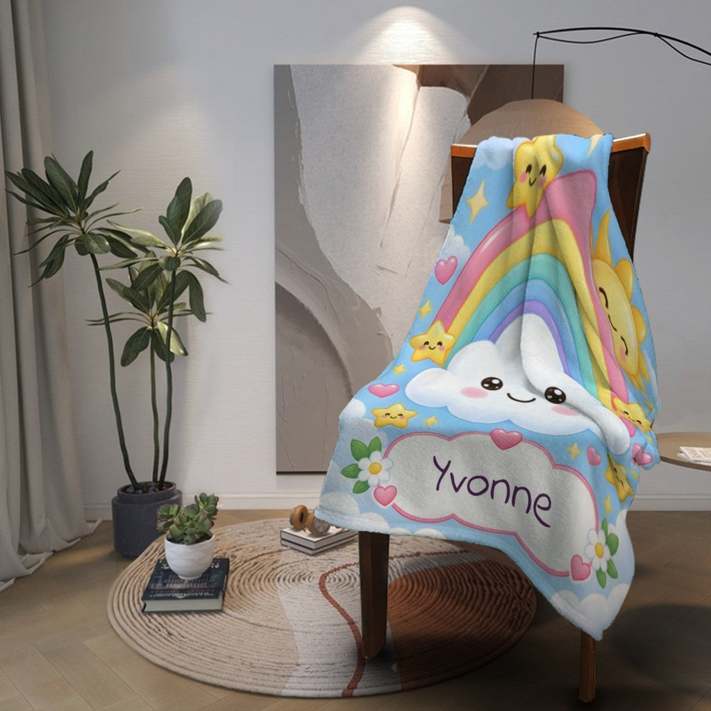 Personalized Rainbow Cloud Blanket | Custom Name | Colorful Kawaii Sky Flannel Throw Gift