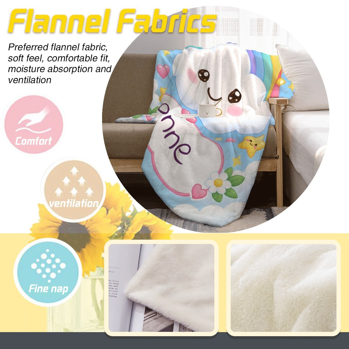 Personalized Rainbow Cloud Blanket | Custom Name | Colorful Kawaii Sky Flannel Throw Gift