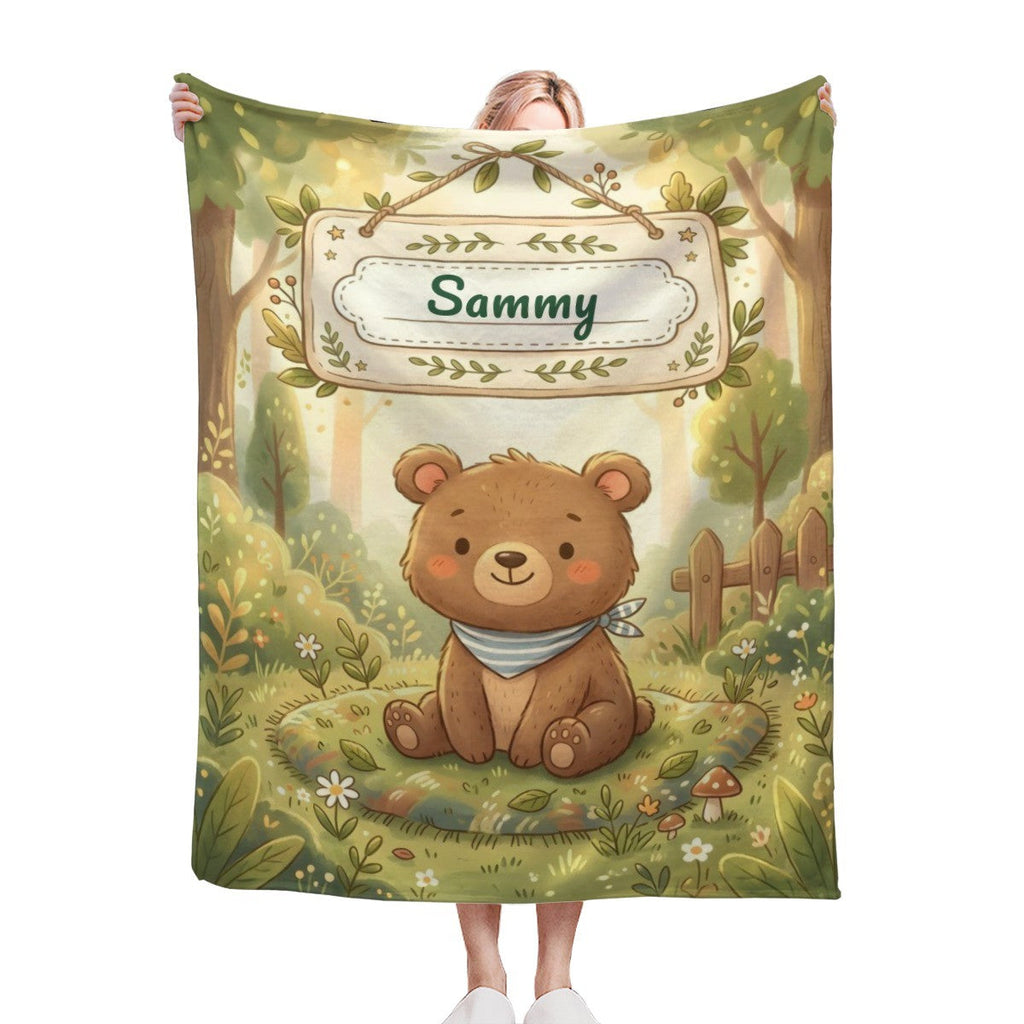 Personalized Woodland Bear Blanket | Custom Name | Storybook Forest Bandana Cozy Fleece Throw Gift