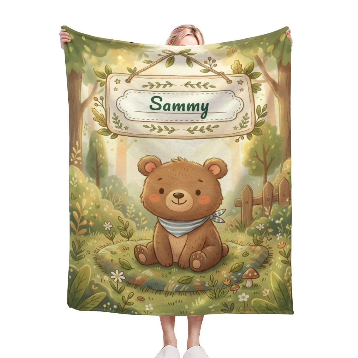 Personalized Woodland Bear Blanket | Custom Name | Storybook Forest Bandana Cozy Fleece Throw Gift