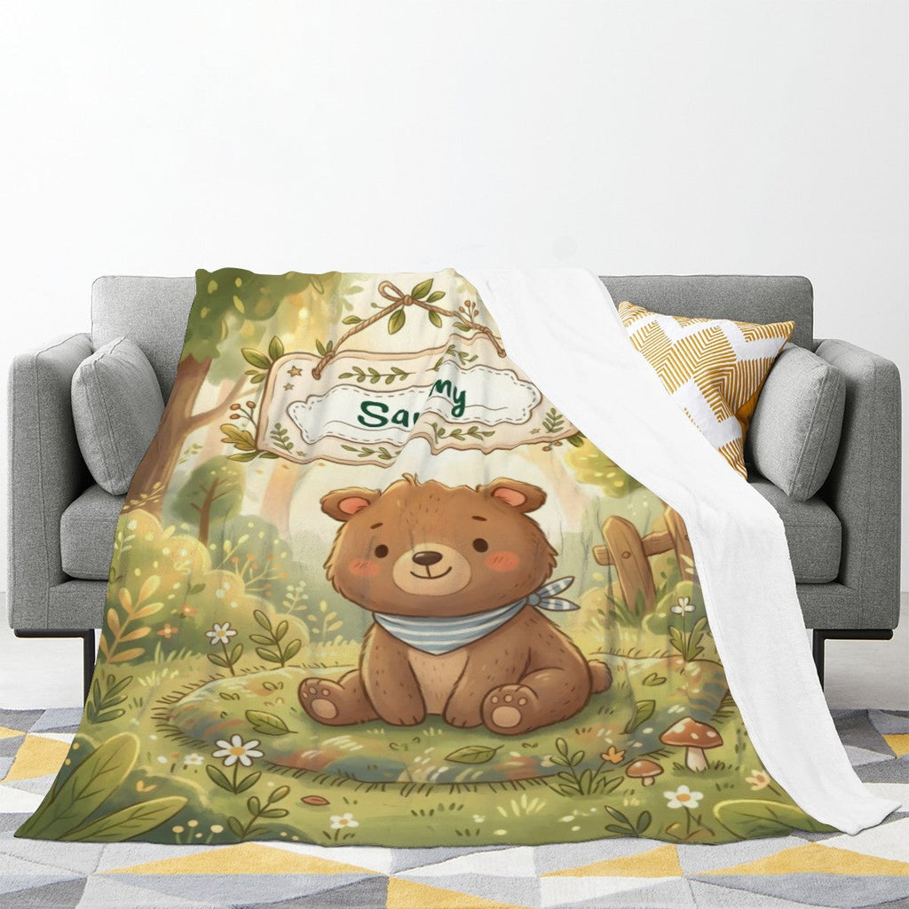 Personalized Woodland Bear Blanket | Custom Name | Storybook Forest Bandana Cozy Fleece Throw Gift