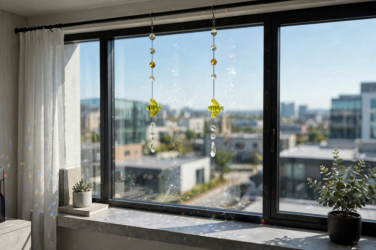 Bee sun catchers in modern window - true scale